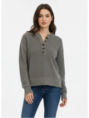 American Eagle Olive Green Waffle Knit Henley Sweater XS